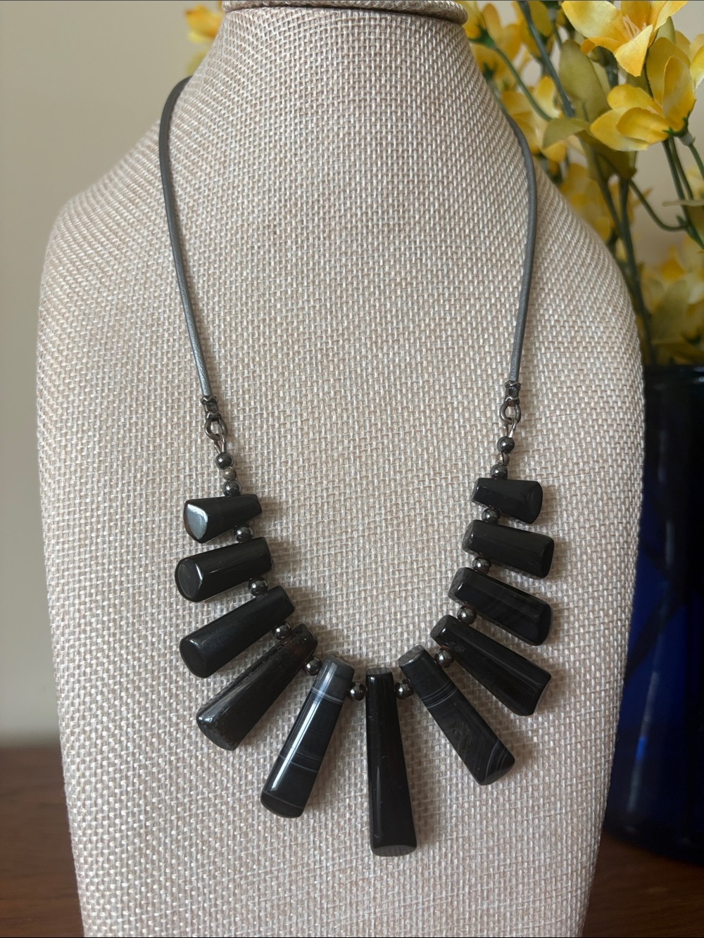 Black Agate/Hematite Bead Sterling Silver Clasp Necklace